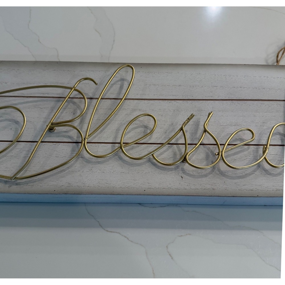 Blessed Wood Wall Sign Gold Wire Script Distressed White Farmhouse Decor 20x7.5 - Picture 2 of 9